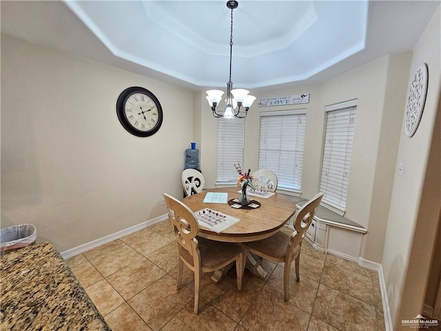 1704 E 30th St, Mission, TX 78574 - dining space featuring a raised ceiling, a chandelier, and light tile patterned floors