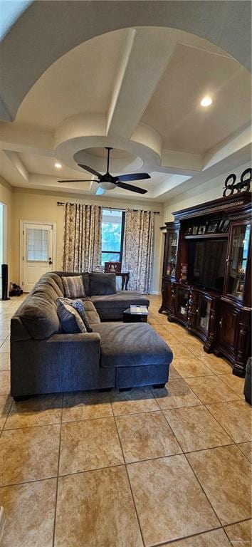 1704 E 30th St, Mission, TX 78574 - living room featuring coffered ceiling, ceiling fan, light tile patterned floors, arched walkways, and recessed lighting