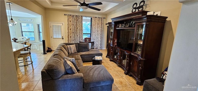 1704 E 30th St, Mission, TX 78574 - living room with ceiling fan and light tile patterned flooring