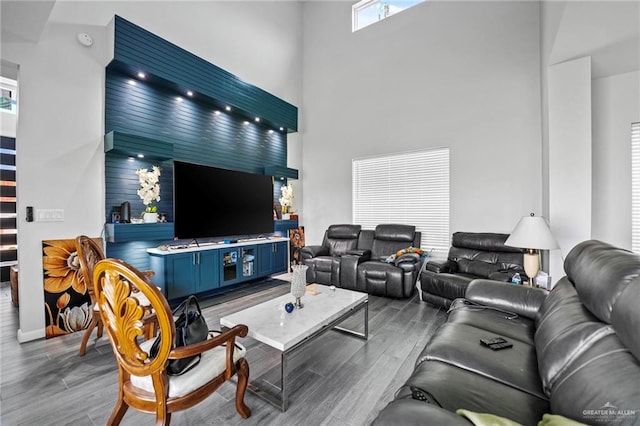 living room featuring a towering ceiling and hardwood / wood-style flooring