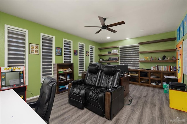 home office featuring ceiling fan and hardwood / wood-style floors