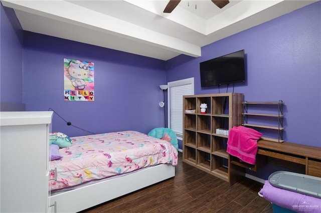 bedroom with dark wood-type flooring and ceiling fan