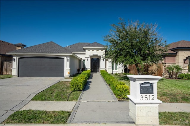 view of front facade featuring a front yard and a garage