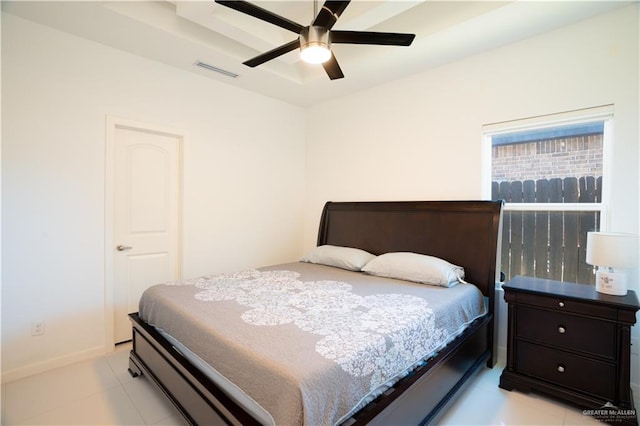 bedroom featuring ceiling fan and light tile patterned floors