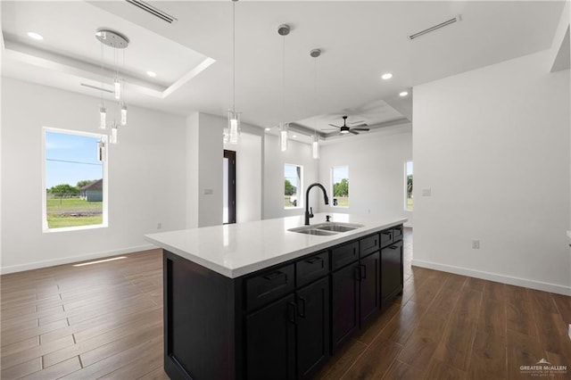 4722 Browne, Brownsville, TX 78520 - kitchen featuring a sink, a raised ceiling, open floor plan, dark wood-style flooring, and recessed lighting