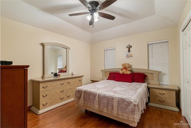 bedroom with vaulted ceiling, a tray ceiling, dark wood-type flooring, and a ceiling fan