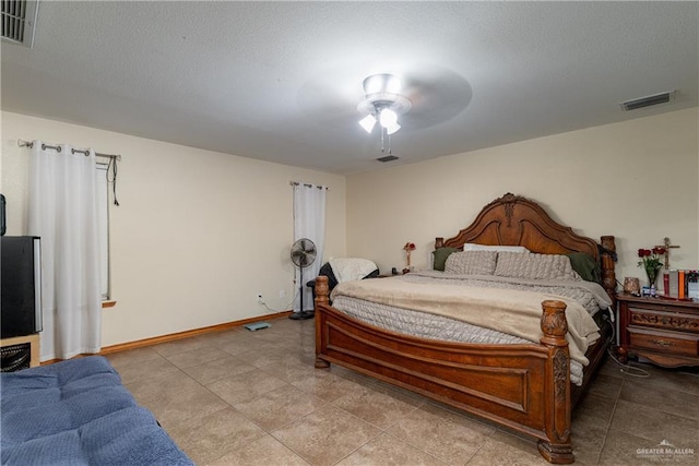 bedroom featuring visible vents, ceiling fan, and baseboards