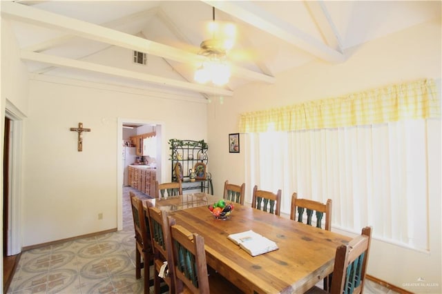 11009 Monte Cristo Rd, Edcouch, TX 78538 - dining space featuring ceiling fan, beam ceiling, and high vaulted ceiling