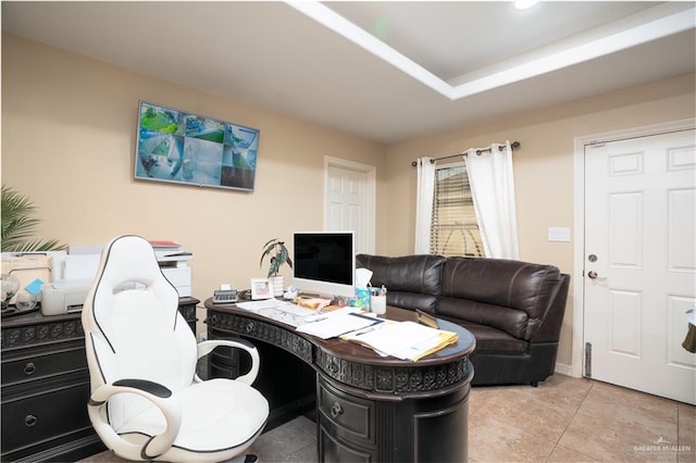 home office with light tile patterned floors