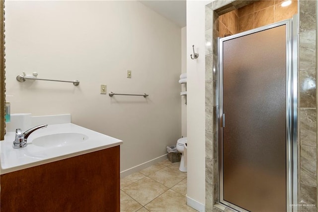 bathroom with vanity, toilet, tile patterned floors, and an enclosed shower