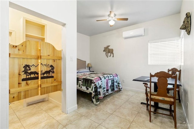 tiled bedroom with a wall mounted air conditioner and ceiling fan