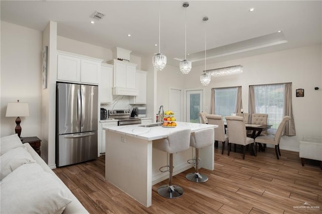 kitchen featuring hardwood / wood-style flooring, an island with sink, appliances with stainless steel finishes, decorative light fixtures, and white cabinetry