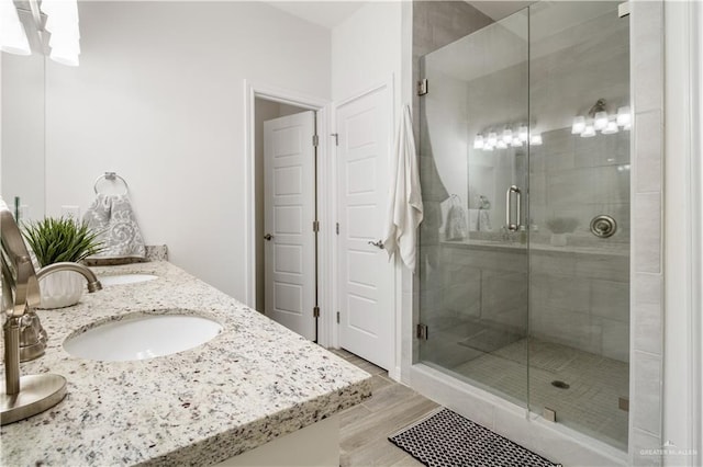 2104 Macquarie Dr, Edinburg, TX 78542 - bathroom with a stall shower, wood finished floors, and double vanity