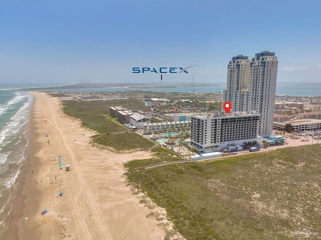 aerial view featuring a beach view and a water view