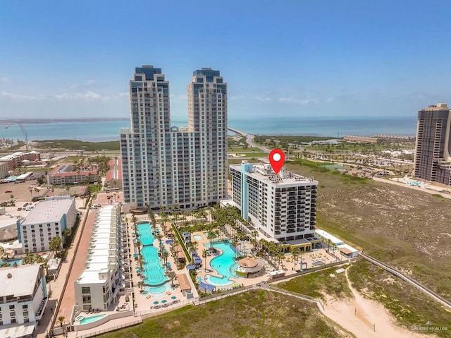 birds eye view of property featuring a water view