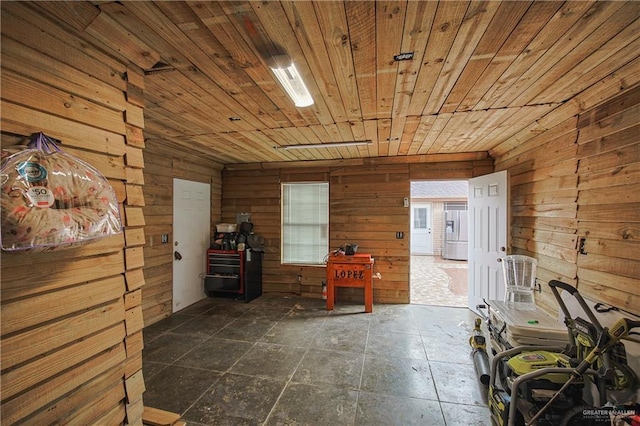 interior space featuring wooden ceiling and wood walls