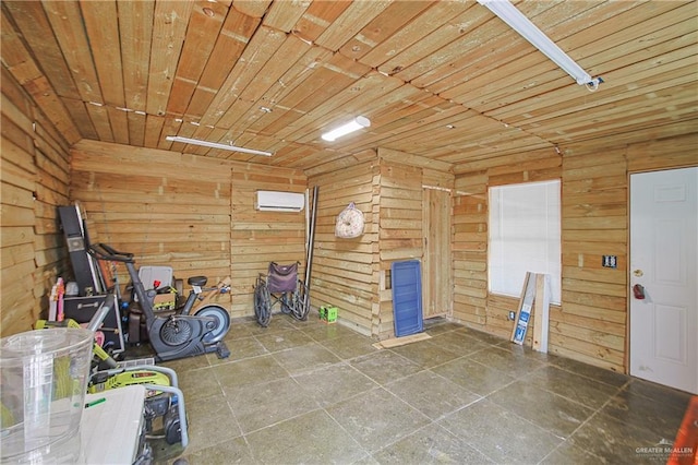 miscellaneous room with an AC wall unit, wood ceiling, and wood walls