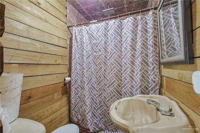 bathroom with toilet, sink, and wooden walls