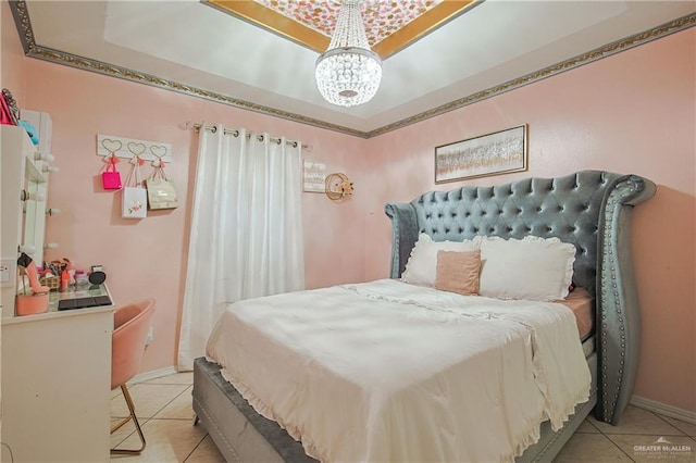 tiled bedroom featuring a notable chandelier