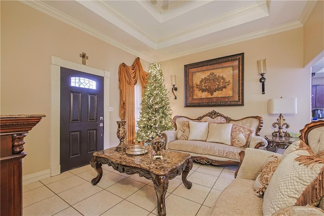 interior space with a tray ceiling, crown molding, and light tile patterned flooring