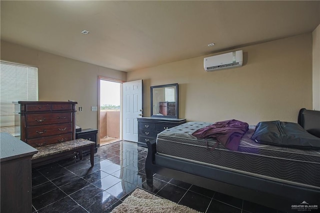 tiled bedroom with an AC wall unit