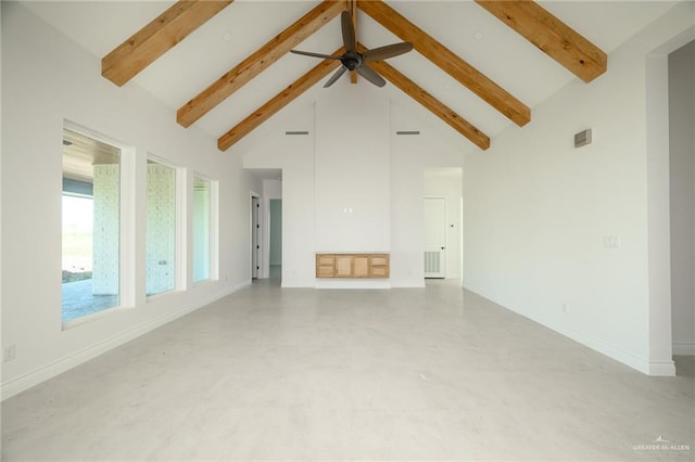 unfurnished living room featuring ceiling fan, beam ceiling, and high vaulted ceiling