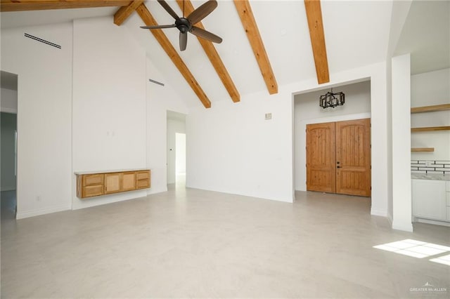 unfurnished living room featuring beamed ceiling, high vaulted ceiling, and ceiling fan with notable chandelier