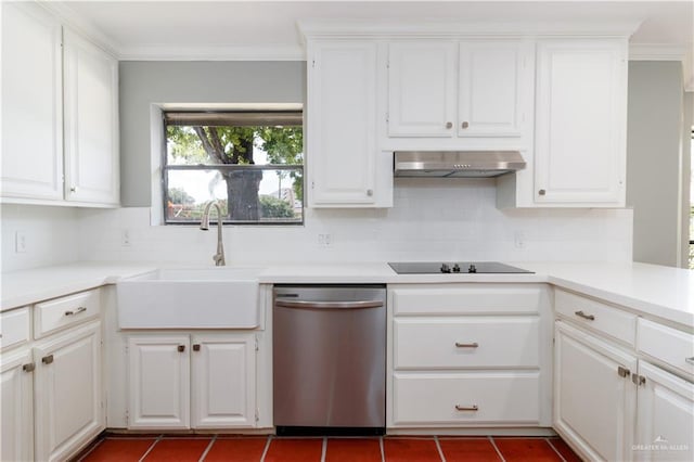 kitchen featuring white cabinetry, sink, stainless steel dishwasher, black electric stovetop, and exhaust hood