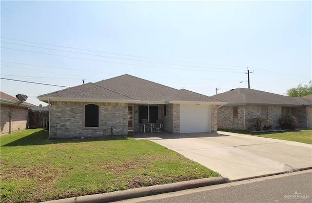 ranch-style house featuring driveway, a front lawn, fence, a garage, and brick siding