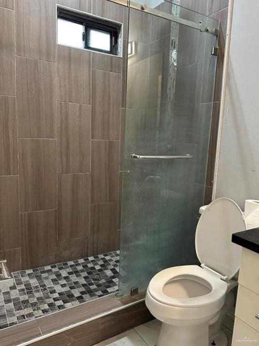 bathroom with a shower stall, vanity, and toilet