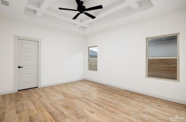 2080 Eagle Landing Dr, Edinburg, TX 78542 - unfurnished room with coffered ceiling, beam ceiling, light wood-type flooring, and a ceiling fan