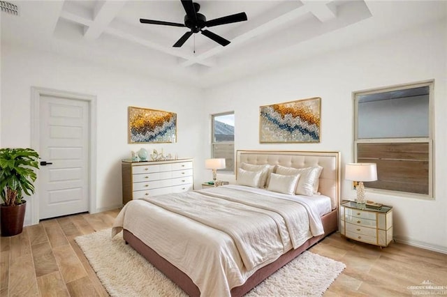 2080 Eagle Landing Dr, Edinburg, TX 78542 - bedroom with coffered ceiling, beam ceiling, ceiling fan, and light wood-type flooring
