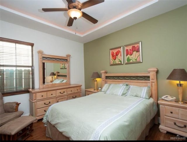 bedroom with ceiling fan, dark hardwood / wood-style floors, and a raised ceiling