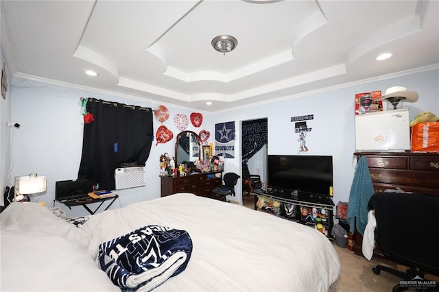 bedroom featuring cooling unit, crown molding, and a tray ceiling