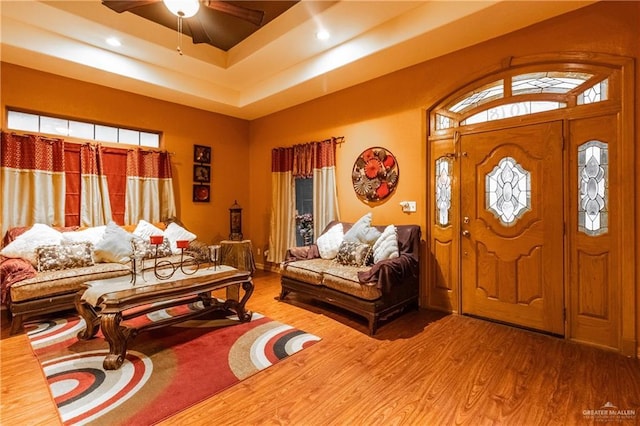 entryway featuring ceiling fan and hardwood / wood-style floors