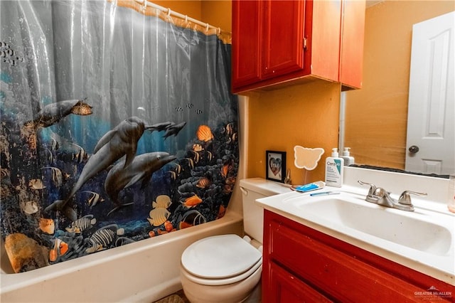 full bathroom featuring vanity, toilet, and shower / bath combo with shower curtain