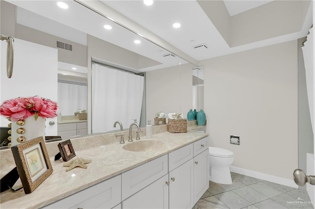 334 Padre Blvd Unit 801, South Padre Island, TX 78597 - bathroom featuring vanity, baseboards, toilet, recessed lighting, and a shower with curtain