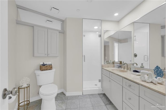 334 Padre Blvd Unit 801, South Padre Island, TX 78597 - bathroom featuring vanity, a shower stall, baseboards, toilet, and recessed lighting
