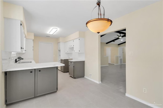 413 W Jonquil Ave, Mcallen, TX 78501 - kitchen with gray cabinets, a sink, a peninsula, and light countertops