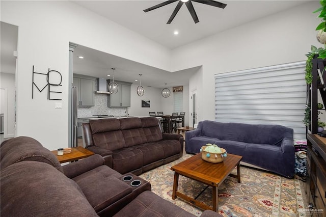 living room featuring ceiling fan