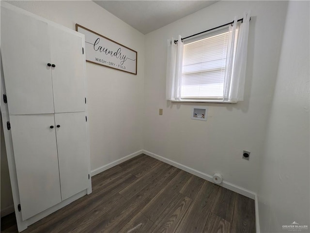 clothes washing area featuring hookup for a washing machine, cabinets, hookup for an electric dryer, and dark hardwood / wood-style flooring