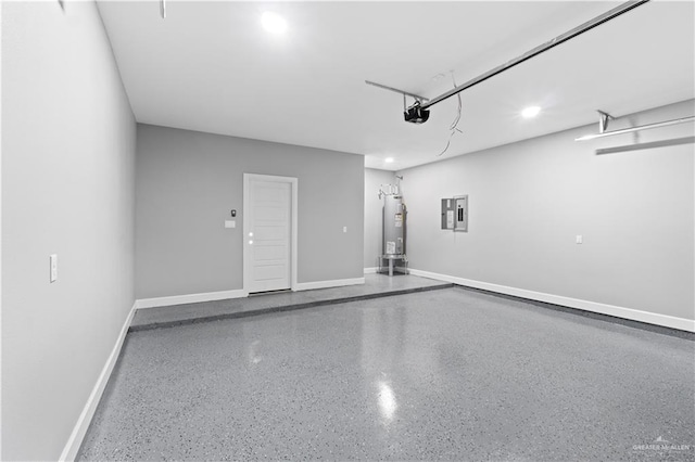 garage with a garage door opener, electric panel, and gas water heater