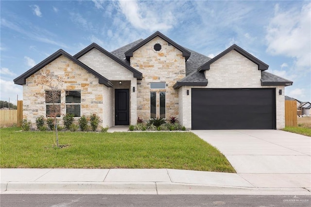 view of front of house with a garage and a front lawn