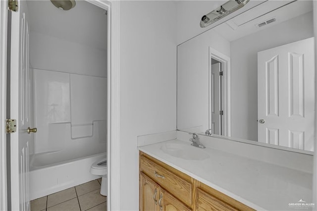 full bathroom featuring shower / bathtub combination, visible vents, toilet, vanity, and tile patterned floors