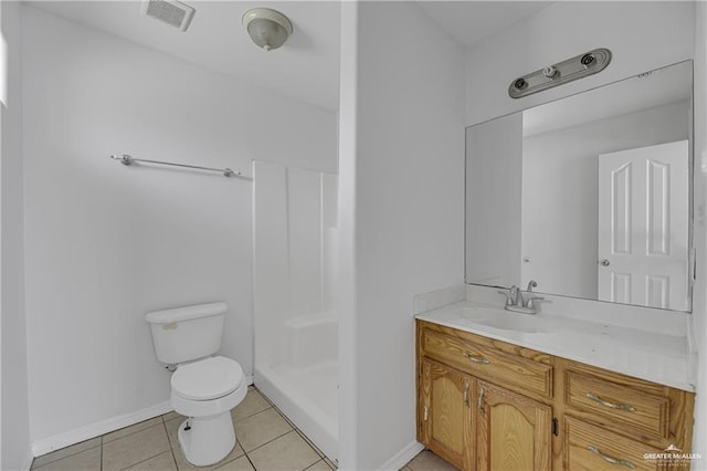 full bathroom with visible vents, toilet, a shower stall, vanity, and tile patterned flooring