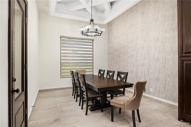 dining room with a chandelier, beam ceiling, ornamental molding, and coffered ceiling