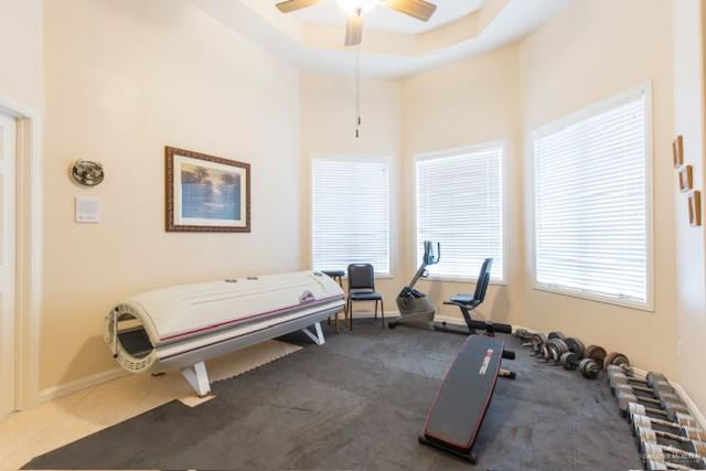 exercise room featuring carpet flooring, a raised ceiling, and ceiling fan