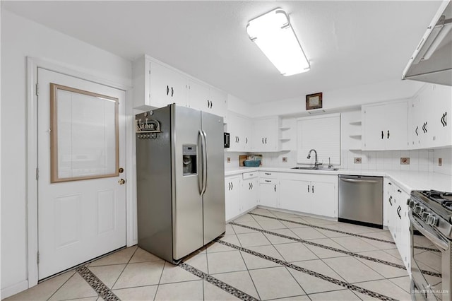 kitchen featuring backsplash, white cabinets, sink, light tile patterned floors, and stainless steel appliances