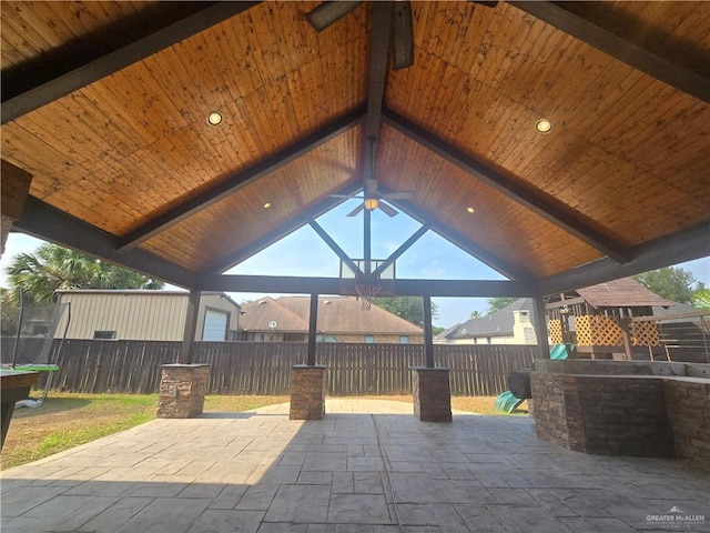 1511 Oak Dr, Mission, TX 78572 - view of patio / terrace featuring a trampoline, a fenced backyard, a gazebo, and ceiling fan
