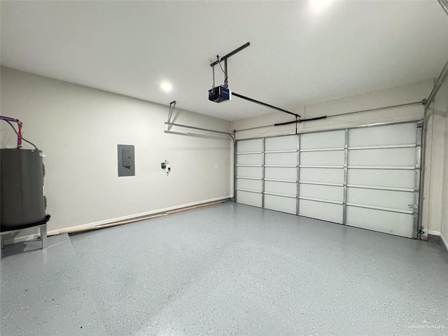 garage featuring a garage door opener, electric panel, and electric water heater